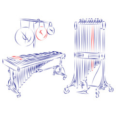 Continuous line drawing of a group of percussion instruments: cymbals, tubular bells, xylophone, isolated on white. Hand drawn, vector illustration