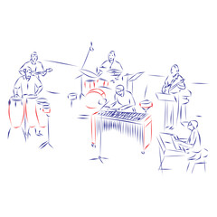 Continuous line drawing of a jazz band, isolated on white. Hand drawn, vector illustration music concept