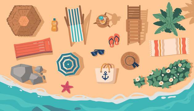 Top View Of Beach Items. Colorful Towels, Beach Umbrella, Mattress, Bag, Sunglasses, Flip Flops, And A Cool Drink