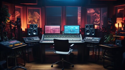 Modern interior of professional recording studio with music production equipment, sound mixing console, digital control panel for audio record industry