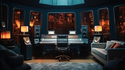 Modern interior of professional recording studio with music production equipment, sound mixing console, digital control panel for audio record industry - obrazy, fototapety, plakaty