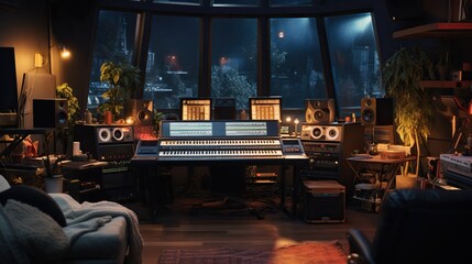 Modern interior of professional recording studio with music production equipment, sound mixing console, digital control panel for audio record industry