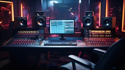 Modern interior of professional recording studio with music production equipment, sound mixing console, digital control panel for audio record industry