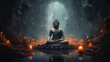 Meditating buddha statue in lotus pose with zen candles, ancient temple, mystic oriental culture, peaceful spiritual healing art