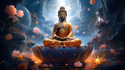 Meditating buddha statue in lotus pose with zen candles, ancient temple, mystic oriental culture, peaceful spiritual healing art