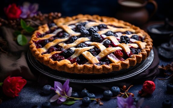 Blueberry Blackberry Homemade Pie, Modern Photography, Generated AI Food Design, Fruit Cake, Bakery, Pastry