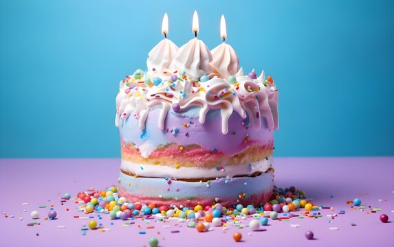 Birthday Rainbow Cake with Sprinkles, Colorful Design, Candles Lit, Fun and Vivid Generated AI Photography, Happy Birthday