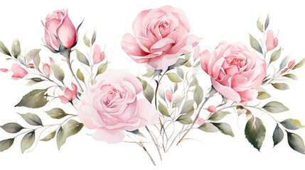 set watercolor elements of pink roses; collection garden flowers; leaves; branches. Botanic; illustration, eucalyptus Wedding floral design, white background