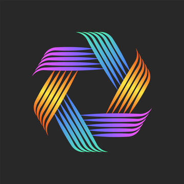 Intertwined thread or stripes logo hexagon geometric shape metallic knot for the handmade sewing workshop, intersection thin colorful vibrant gradient parallel lines circular weaving pattern.