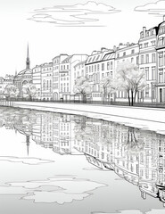 Black and white line art image of Paris landmarks for coloring