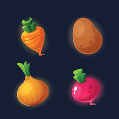 Cartoon Game Icon Featuring Carrot, Potato, Onion And Beetroot Representing Cooking Challenges, Puzzles