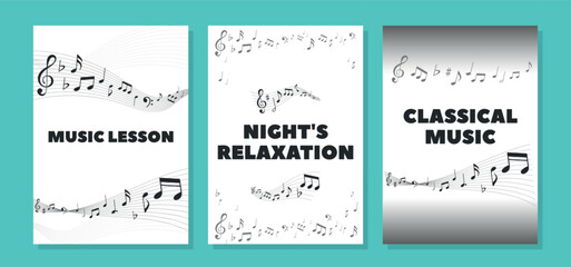 Banners with Musical Note Waves And Treble Clef Signs On Stave. Monochrome Melody Swirl For Music Lesson, Jazz Club