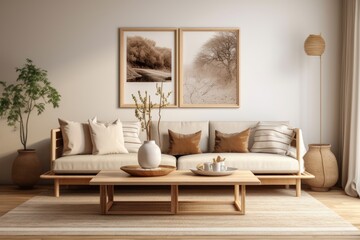 Modern interior japandi style design livingroom. Lighting and sunny scandinavian apartment with plaster and wood
