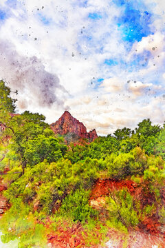 Digitally created watercolor painting of the Watchman rock formation of Zion National Park in Utah.