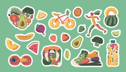 Set Of Stickers Fruits And Vegetables In Shape Of Shoe, Heart, Bicycle, Sportsman, Dumbbell, Scales And Water Bottle