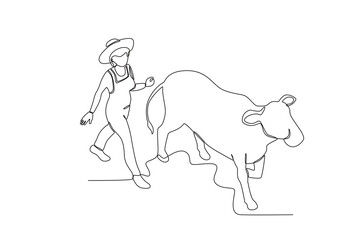 A shepherd herds a cow. Farmer and cattle one-line drawing