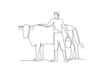 Fototapeta na wymiar A man squeezes milk. Farmer and cattle one-line drawing