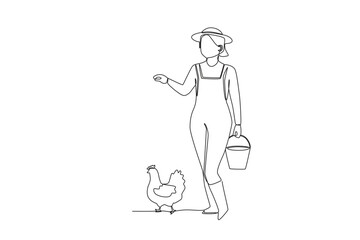 A woman carrying chicken food. Farmer and cattle one-line drawing