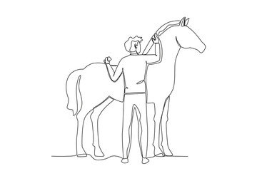 Fototapeta na wymiar A woman slaughters her horse. Farmer and cattle one-line drawing