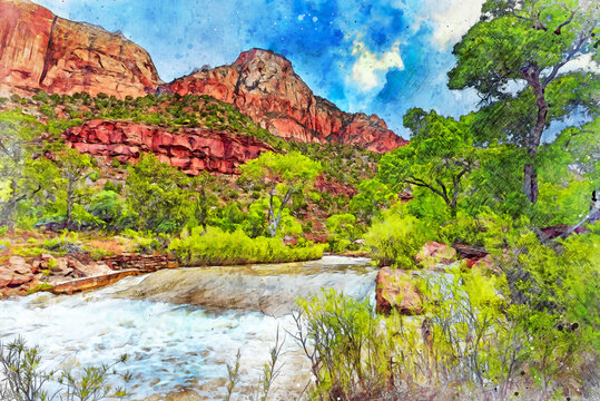 Digitally created watercolor painting of the falls on the Virgin River in Zion National Park