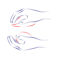 Continuous line drawing of hands holding a mouse or an egg, showing the correct position for the piano keys, isolated on white. Hand drawn, vector illustration