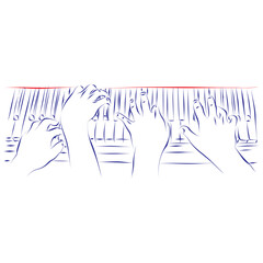 Continuous line drawing of four hands playing the piano, isolated on white. Hand drawn, vector illustration