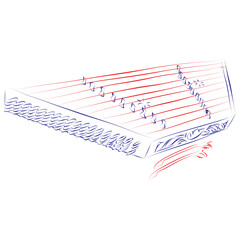 Continuous line drawing of a dulcimer cymbal early music instrument, isolated on white. Hand drawn, vector illustration