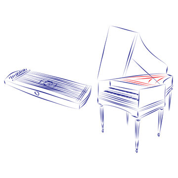 Continuous line drawing of a monochord and a harpsichord, isolated on white. Hand drawn, vector illustration