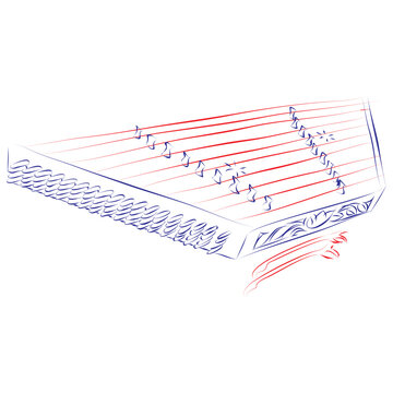 Continuous line drawing of a dulcimer cymbal early music instrument, isolated on white. Hand drawn, vector illustration