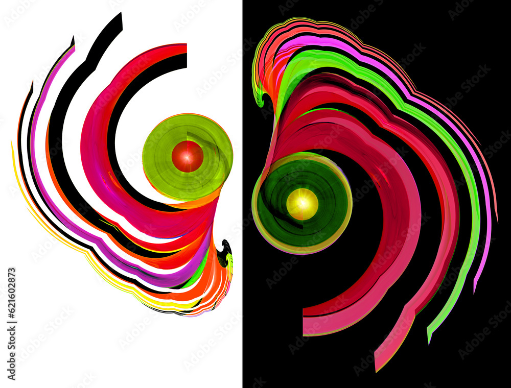 Poster arc-shaped colorful stripes radiate from green circles on white and black backgrounds. abstract frac