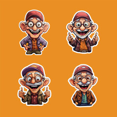Happy old man stickers collection illustration. Happy old people cartoon stickers set. Cute cartoon printable stickers with funny illustrations for kids