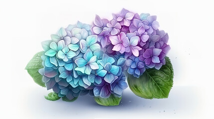Soft blue and lila hydrangea on white background. Generative Ai