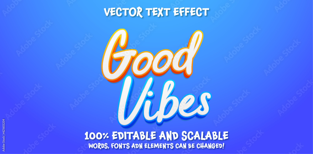 Poster editable text effect good vibes 3d cartoon template style premium vector
