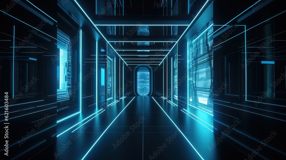 Poster abstract blue neon background with lines and rays. generative ai
