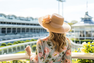 woman in hat on the terrace Kentucky Derby promotion - made with generative ai