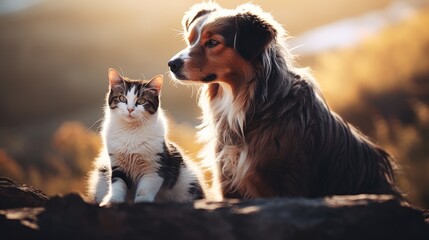 Fototapeta na wymiar A cat and a dog together. The concept of friendship between different species. Generative AI