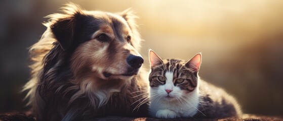 A cat and a dog together. The concept of friendship between different species. Generative AI