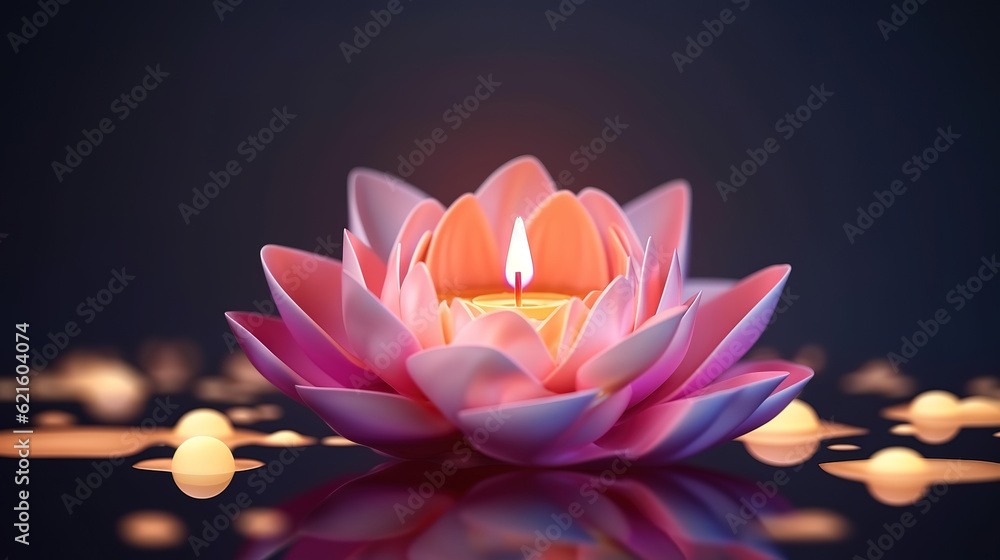 Poster lotus lanterns floating on river with candle light background. generative ai