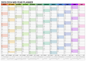 Calendar August to July Mid Year Planner 2023 - 2024 Academic Year Wall Planner 23/24 A1 Size Large Transparent Background