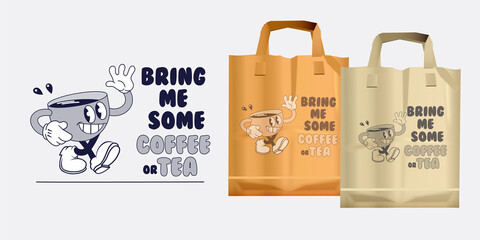 flat design of a coffee cup mascot, paper bag design, 1940s vintage cartoon chatacter, cafe logo design