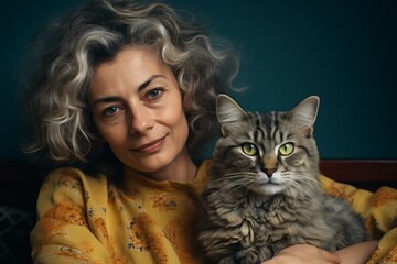 An aged woman hugs her beloved cat. Portrait with selective focus and copy space