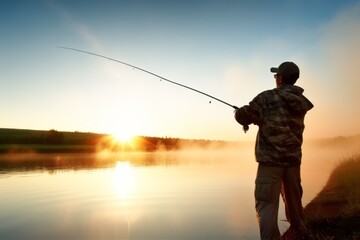 A man is a fisherman on a fishing trip. Background with selective focus and copy space - obrazy, fototapety, plakaty