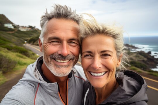 A Couple Of Adult Active People On A Morning Run. Portrait With Selective Focus