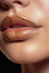 Beautiful woman shiny and wet lips with fashion biege lipstick makeup. Cosmetic concept. Beauty lip visage. Open mouth with white teeth. Closeup view