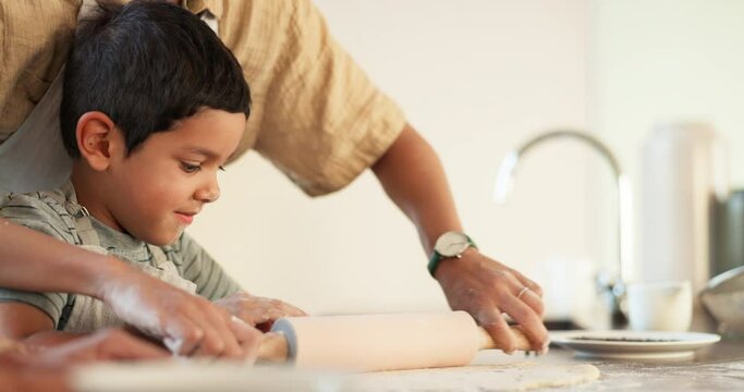Young boy learning baking, parents and dough for bread, bonding and teaching baker skill, development and fun. Male kid in kitchen, cooking and process to bake with flour, bakery tools and support