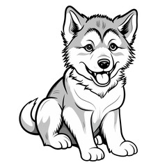 Cartoon Cute Animal Coloring Page for Kids. Baby dog. Alaskan Malamute. Black and white vector illustration for coloring book