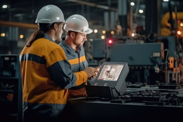 Two professional engineer use digital tablet discuss work in manufacturing factory plant industry.