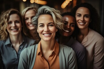 Fototapeta premium Group of women in the workplace Inclusivity, Celebrating International Women's Day with Diversity Equity Inclusion, Multiracial Female Business Women.