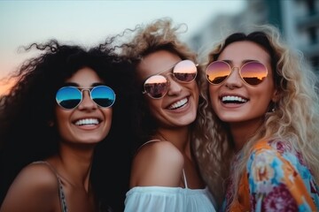 Group of beautiful women with colorful sunglasses standing at evening outdoors.