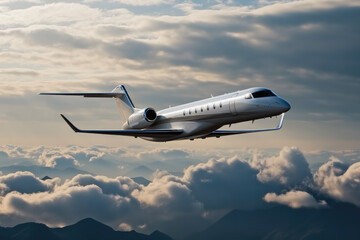 Fototapeta na wymiar Luxury generic design private jet flying on sky, Business Travel Concept.